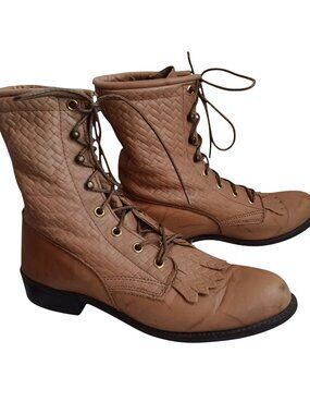 Vintage Tan Woven Leather Lace-Up Boots With Fringe Detail Womens Size 7